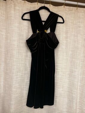 Elegant Lori M Dress in Rich Brown Velvet Formal Midi Gold Metal Accents-XL